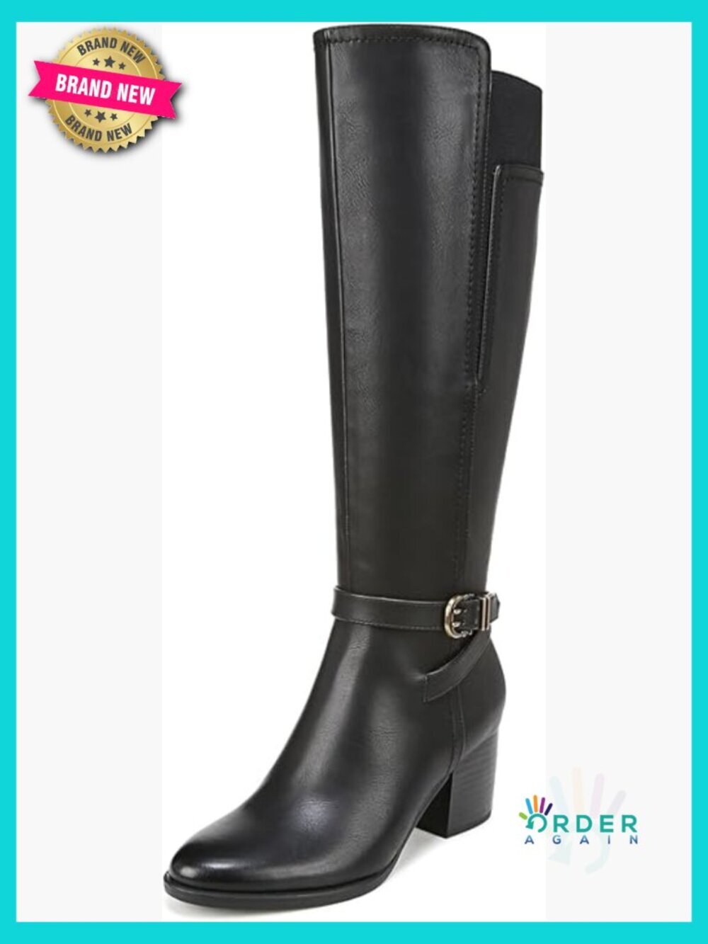 Wide Calf Knee High Boots Block Heel Side Zip Almond Toe Classic